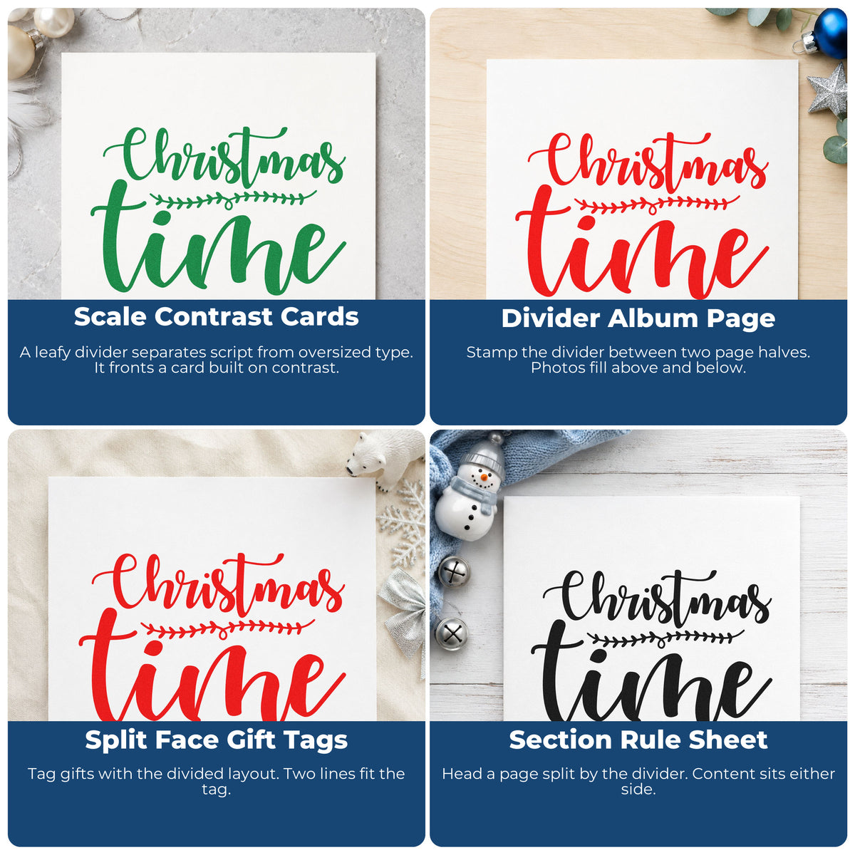 Four ways to use the Christmas Time Leaf Divider Stamp – PSI Pre-Inked: scale contrast cards, divider album page, split face gift tags and section rule sheet.