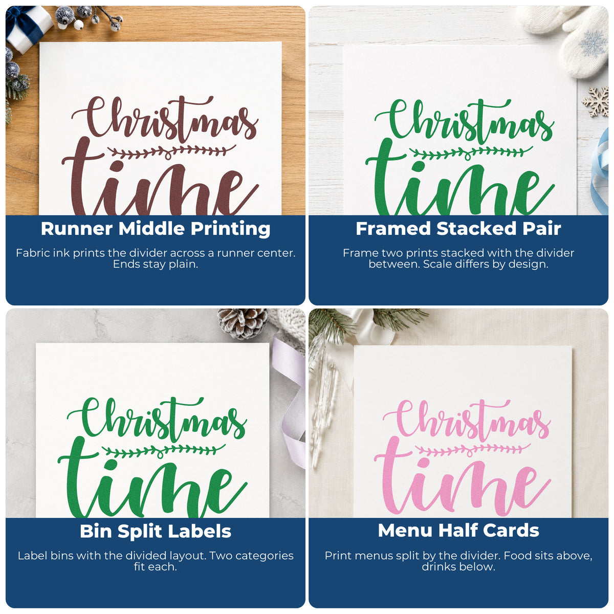 Four ways to use the Christmas Time Leaf Divider Wood Handle Stamp: runner middle printing, framed stacked pair, bin split labels and menu half cards.