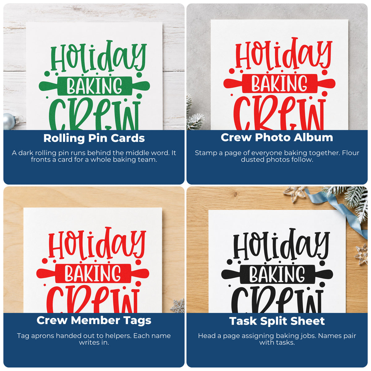 Four ways to use the Holiday Baking Crew Rolling Pin Rubber Stamp – Wood Handle: rolling pin cards, crew photo album, crew member tags and task split sheet.