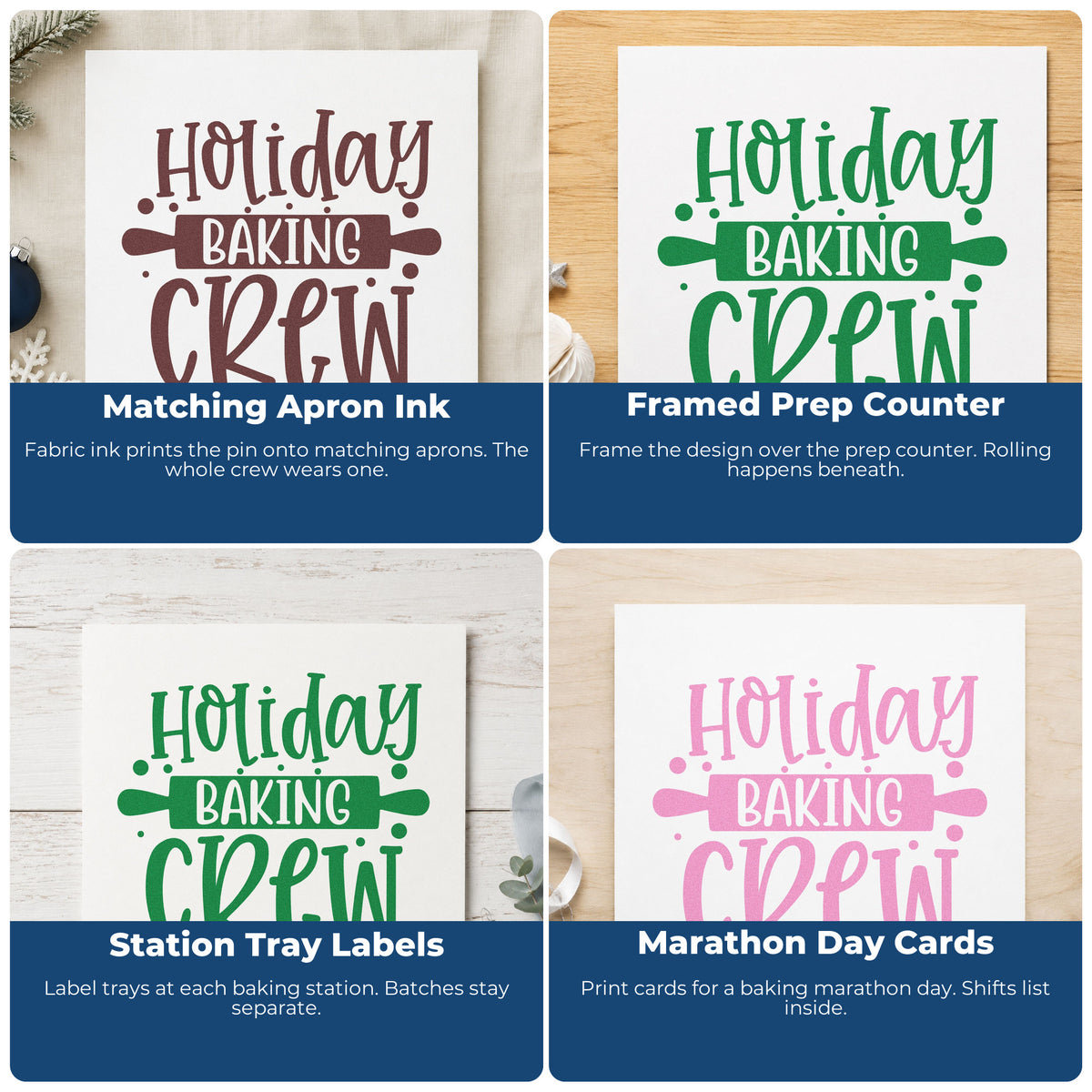 Four ways to use the Holiday Baking Crew Rolling Pin Stamp – Self-Inking: matching apron ink, framed prep counter, station tray labels and marathon day cards.