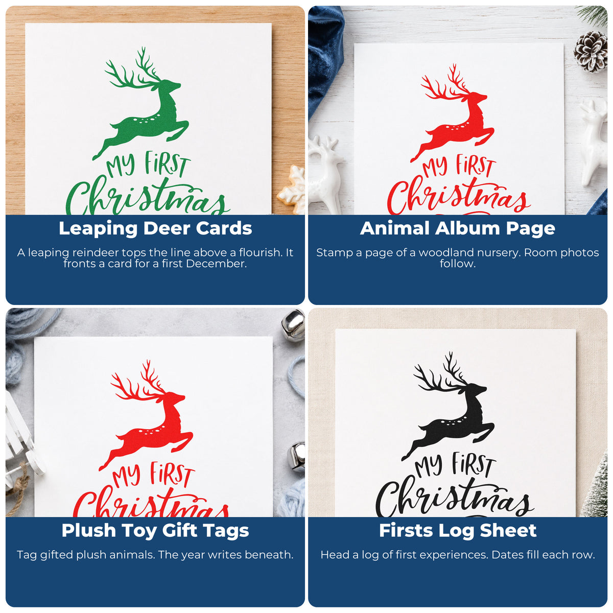 Four ways to use the My First Christmas Reindeer Lettering Flourish Wood Handle Stamp: leaping deer cards, animal album page, plush toy gift tags and firsts log sheet.