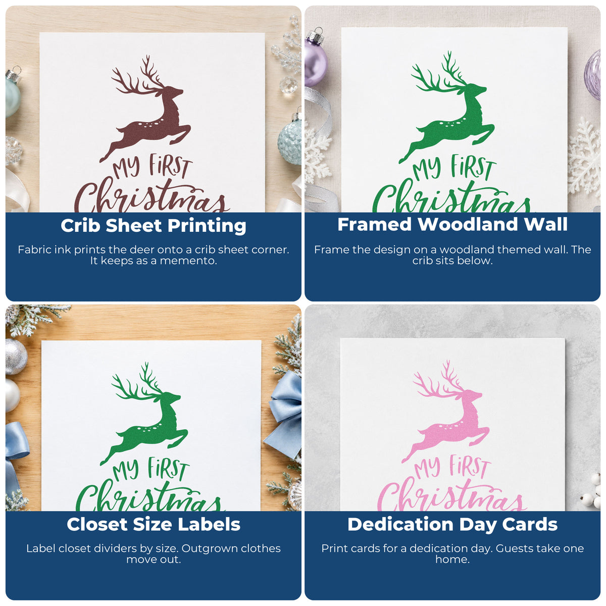 Four ways to use the My First Christmas Reindeer Lettering Flourish Slim Pre-Inked Stamp: crib sheet printing, framed woodland wall, closet size labels and dedication day cards.