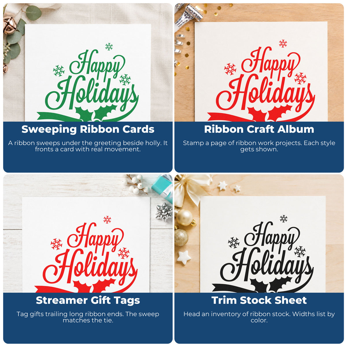 Four ways to use the Happy Holidays Holly Ribbon Premium Wood-Mounted Stamp - Vintage Pro: sweeping ribbon cards, ribbon craft album, streamer gift tags and trim stock sheet.
