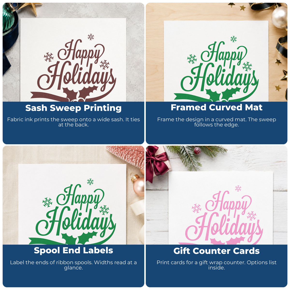 Four ways to use the Happy Holidays Holly Ribbon Pre-Inked Stamp – Slim: sash sweep printing, framed curved mat, spool end labels and gift counter cards.