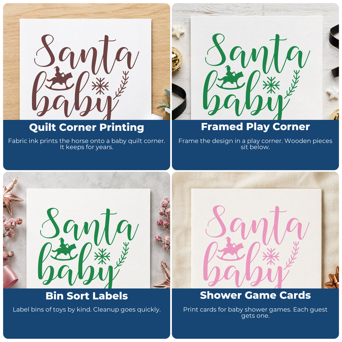 Four ways to use the Santa Baby Rocking Horse Rubber Stamp – Wood Handle: quilt corner printing, framed play corner, bin sort labels and shower game cards.