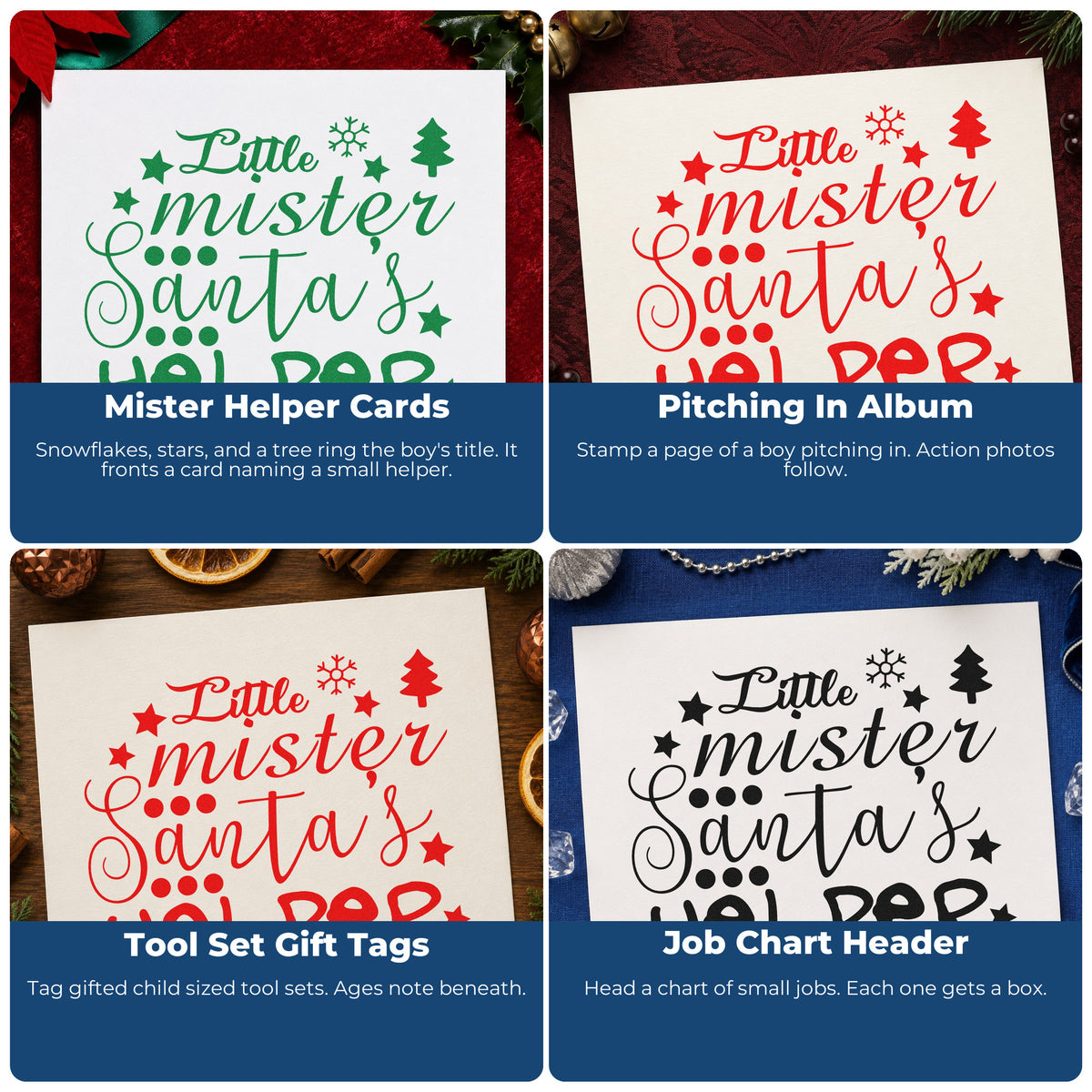 Four ways to use the Little Mister Santa's Helper Rubber Stamp – Duo Hand: mister helper cards, pitching in album, tool set gift tags and job chart header.