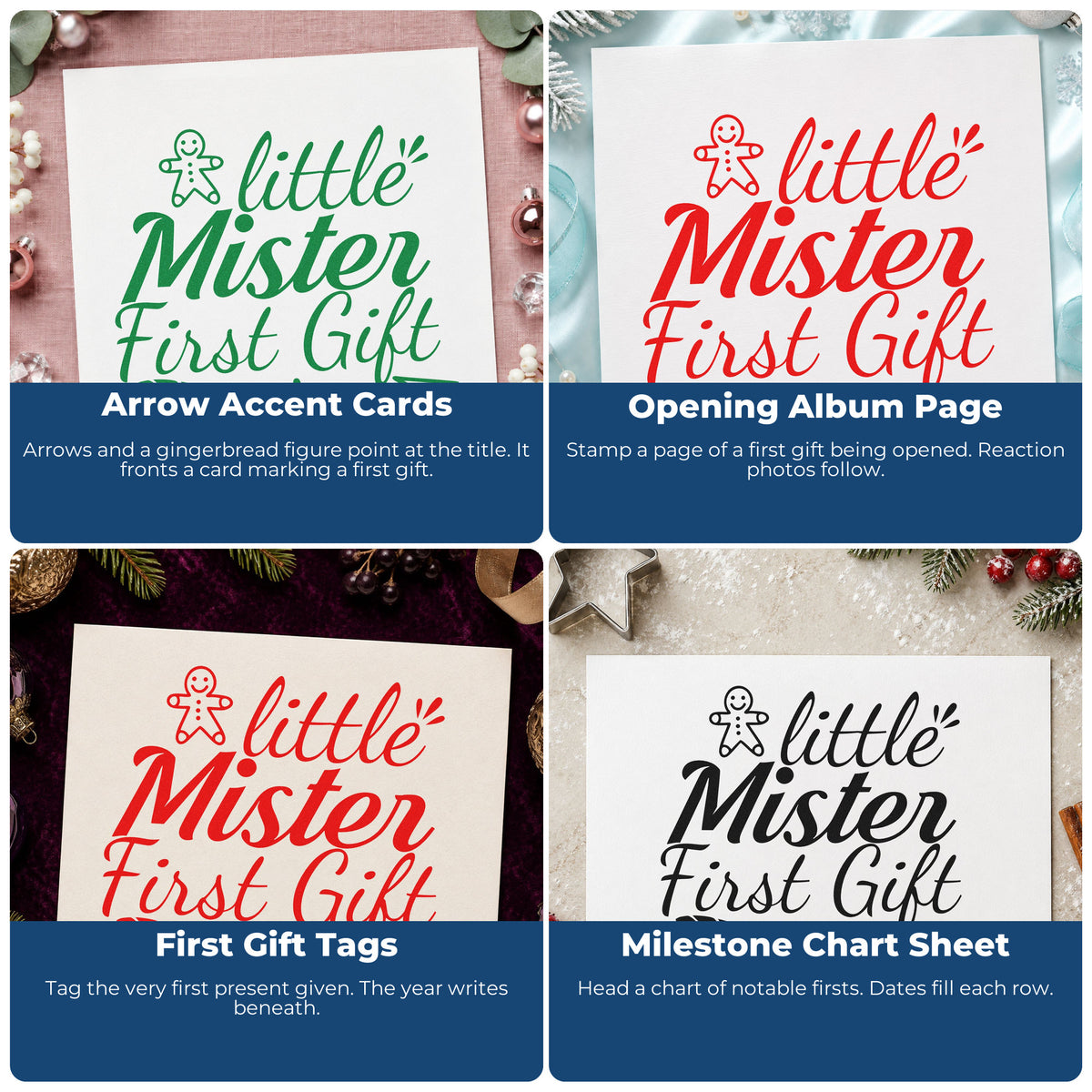 Four ways to use the Little Mister First Gift Stamp – Self-Inking: arrow accent cards, opening album page, first gift tags and milestone chart sheet.