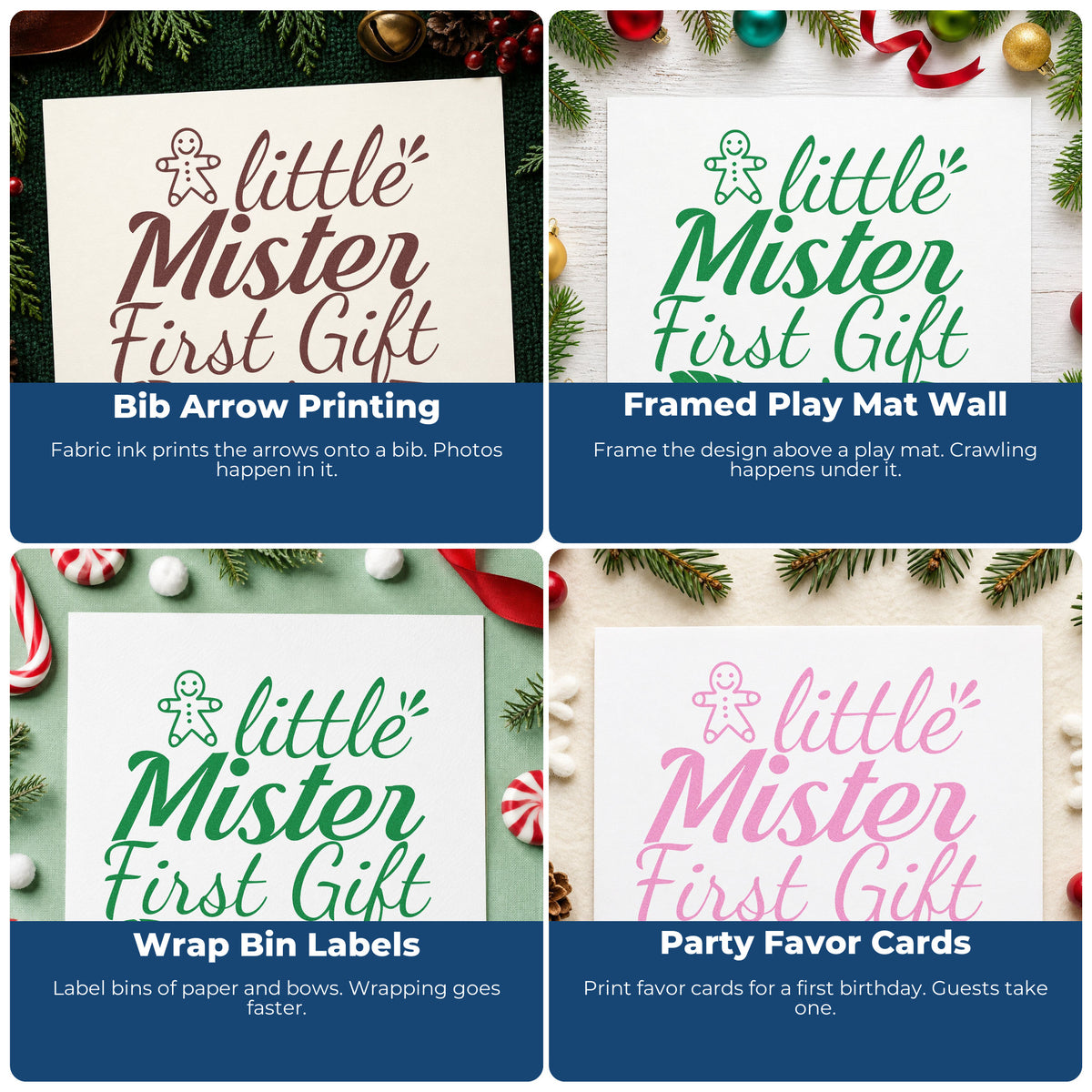 Four ways to use the Little Mister First Gift Rubber Stamp – Wood Handle: bib arrow printing, framed play mat wall, wrap bin labels and party favor cards.