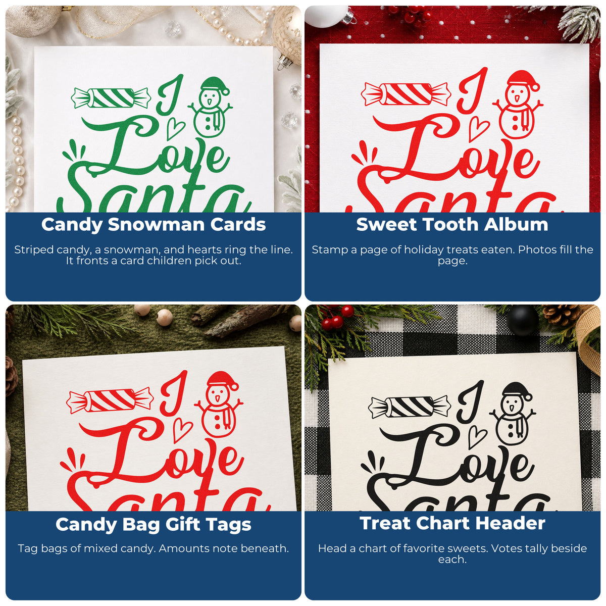Four ways to use the I Love Santa Candy Snowman Rubber Stamp – Duo Hand: candy snowman cards, sweet tooth album, candy bag gift tags and treat chart header.