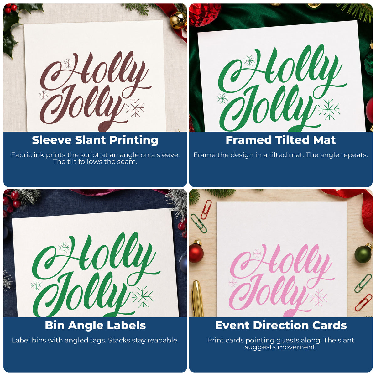 Four ways to use the Holly Jolly Slanted Script Rubber Stamp – Wood Handle: sleeve slant printing, framed tilted mat, bin angle labels and event direction cards.