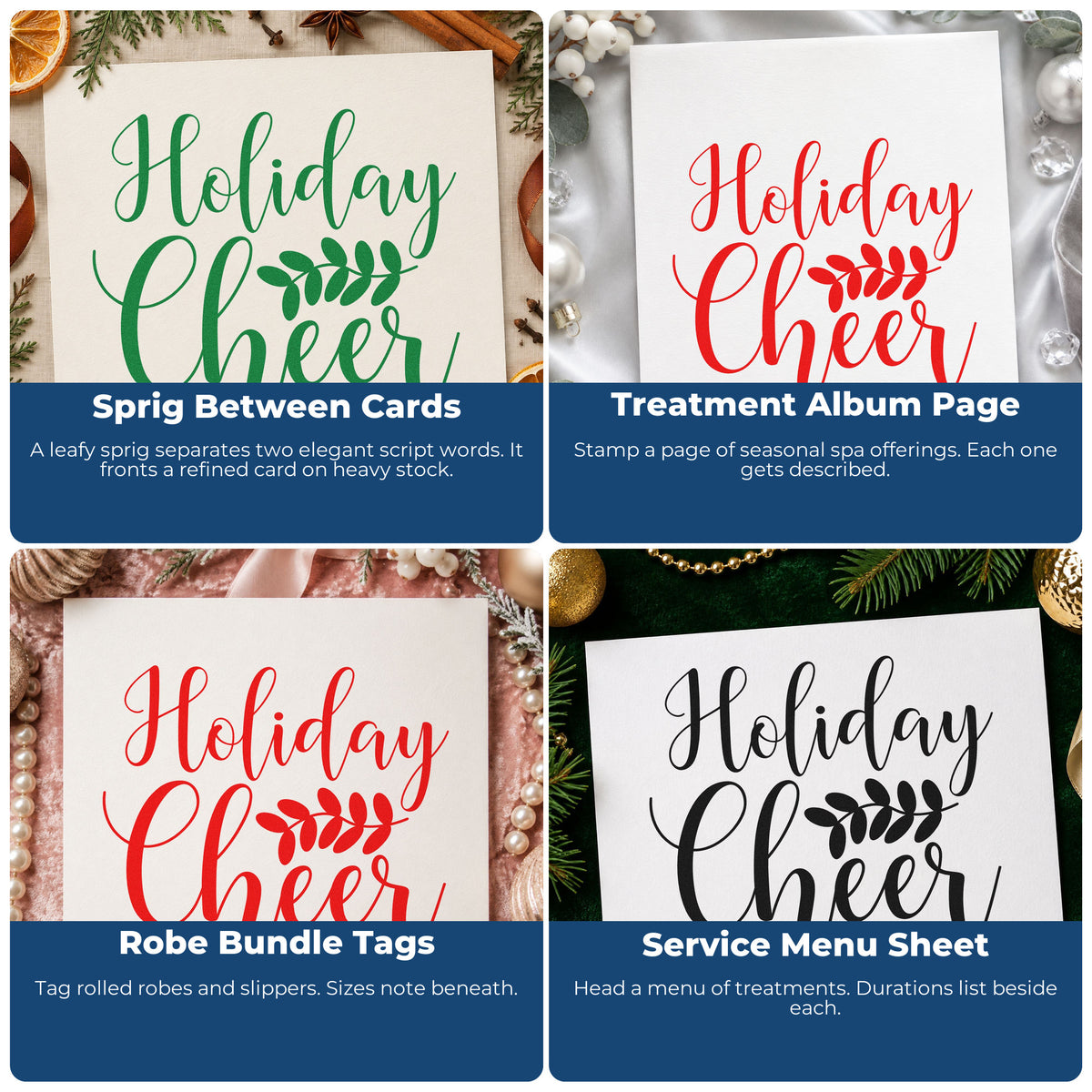 Four ways to use the Holiday Cheer Leafy Sprig Script Lettering Stamp – Wood Handle: sprig between cards, treatment album page, robe bundle tags and service menu sheet.