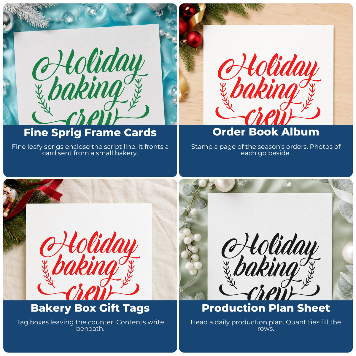 Four ways to use the Holiday Baking Crew Sprigs Premium Wood-Mounted Stamp - Vintage Pro: fine sprig frame cards, order book album, bakery box gift tags and production plan sheet.