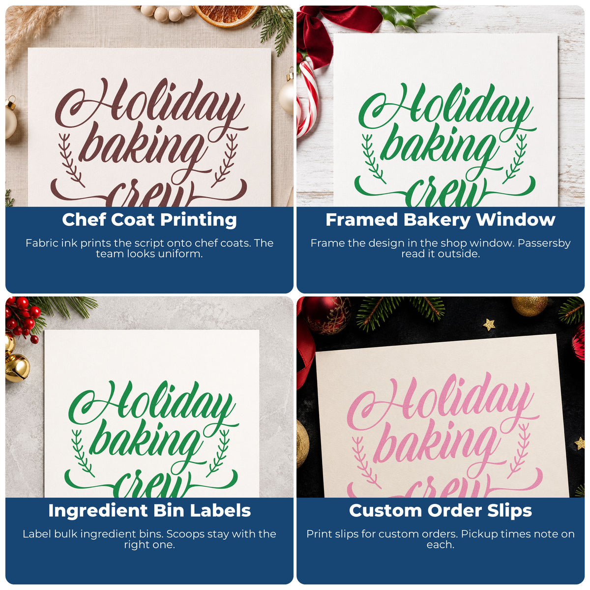 Four ways to use the Holiday Baking Crew Sprigs Slim Pre-Inked Stamp: chef coat printing, framed bakery window, ingredient bin labels and custom order slips.