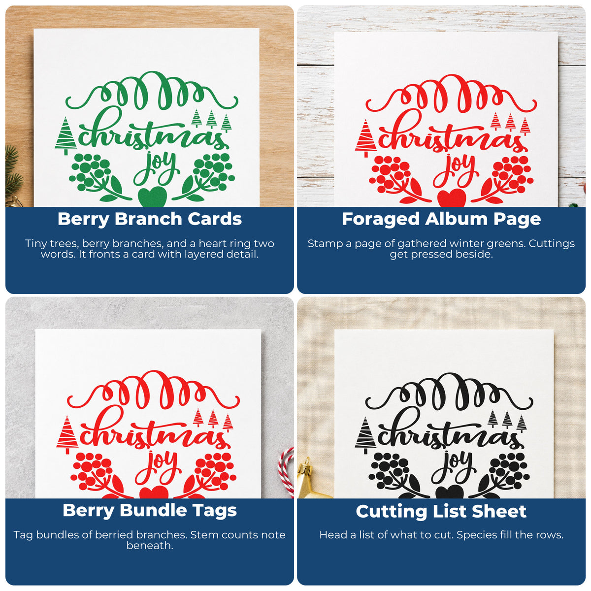 Four ways to use the Christmas Joy Berry Frame Hand Stamp – Duo: berry branch cards, foraged album page, berry bundle tags and cutting list sheet.