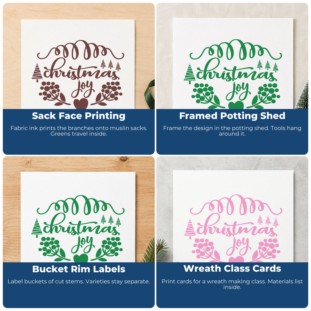 Four ways to use the Christmas Joy Berry Frame Wood-Mounted Rubber Stamp: sack face printing, framed potting shed, bucket rim labels and wreath class cards.