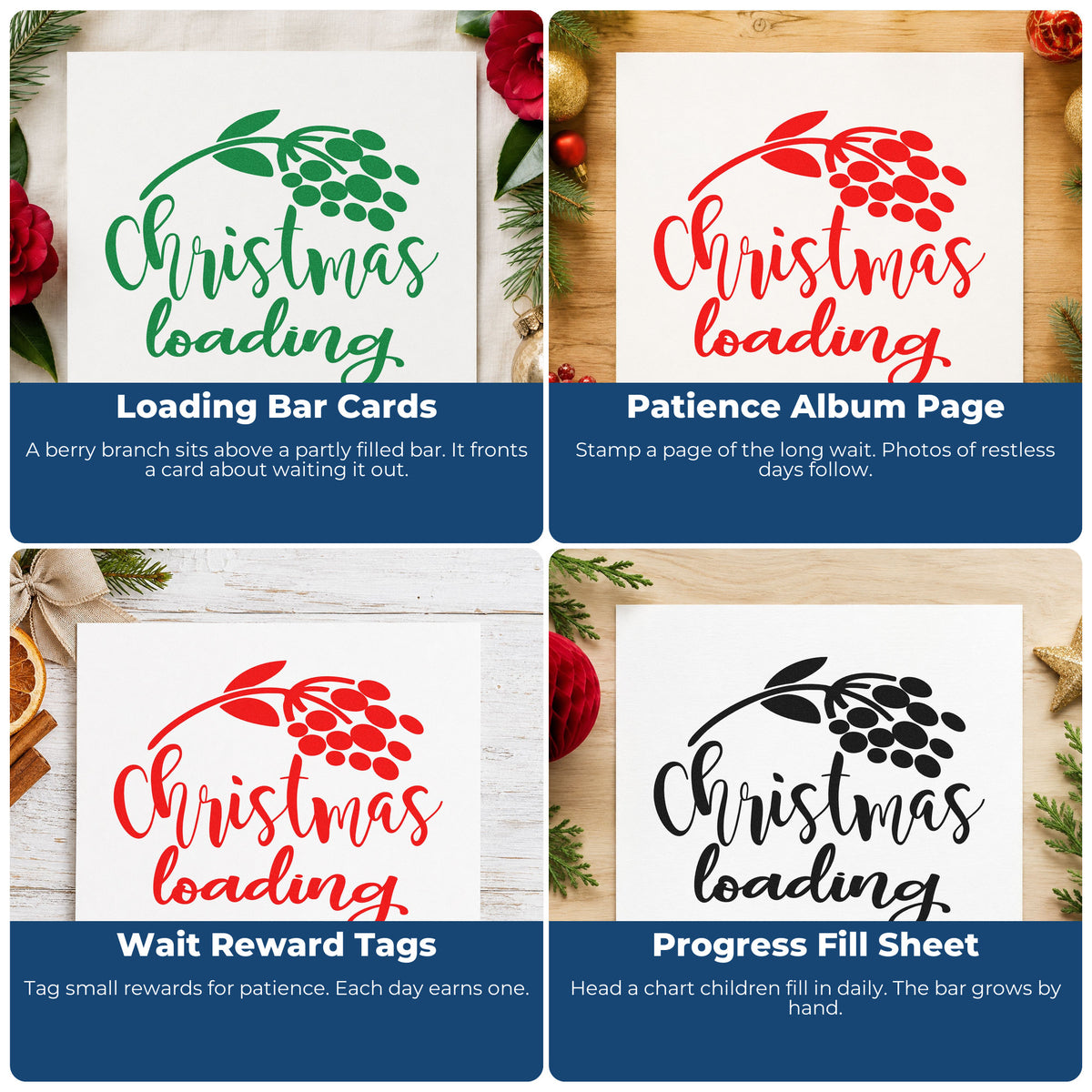 Four ways to use the Self-Inking Christmas Loading Berry Branch Progress Bar Stamp: loading bar cards, patience album page, wait reward tags and progress fill sheet.