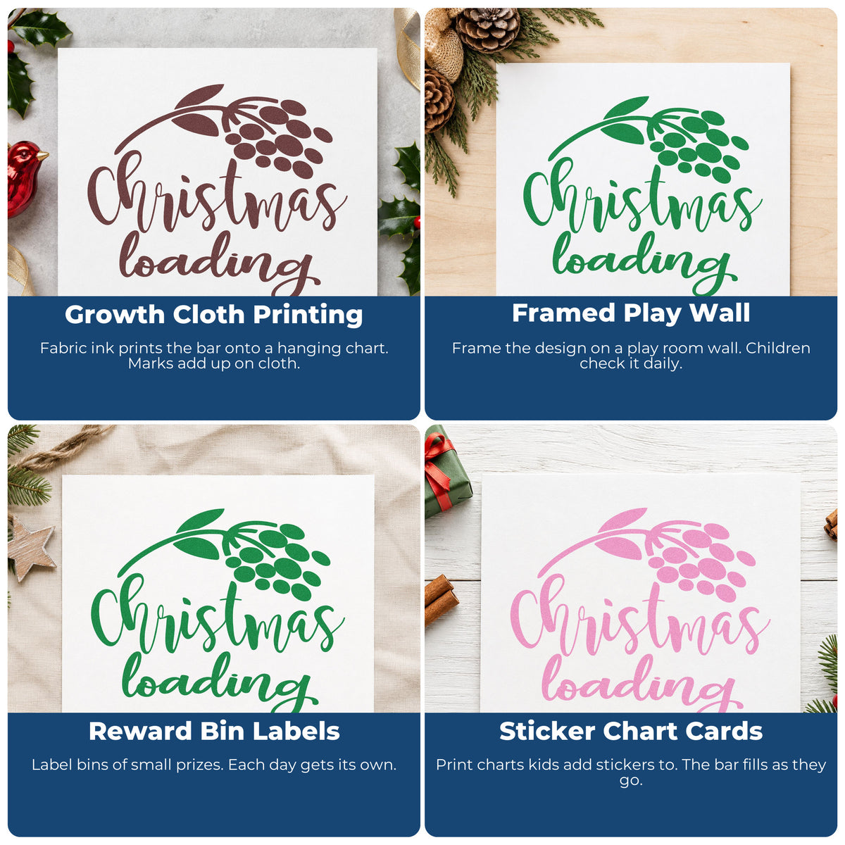 Four ways to use the Self-Inking Christmas Loading Berry Branch Progress Bar Stamp: growth cloth printing, framed play wall, reward bin labels and sticker chart cards.