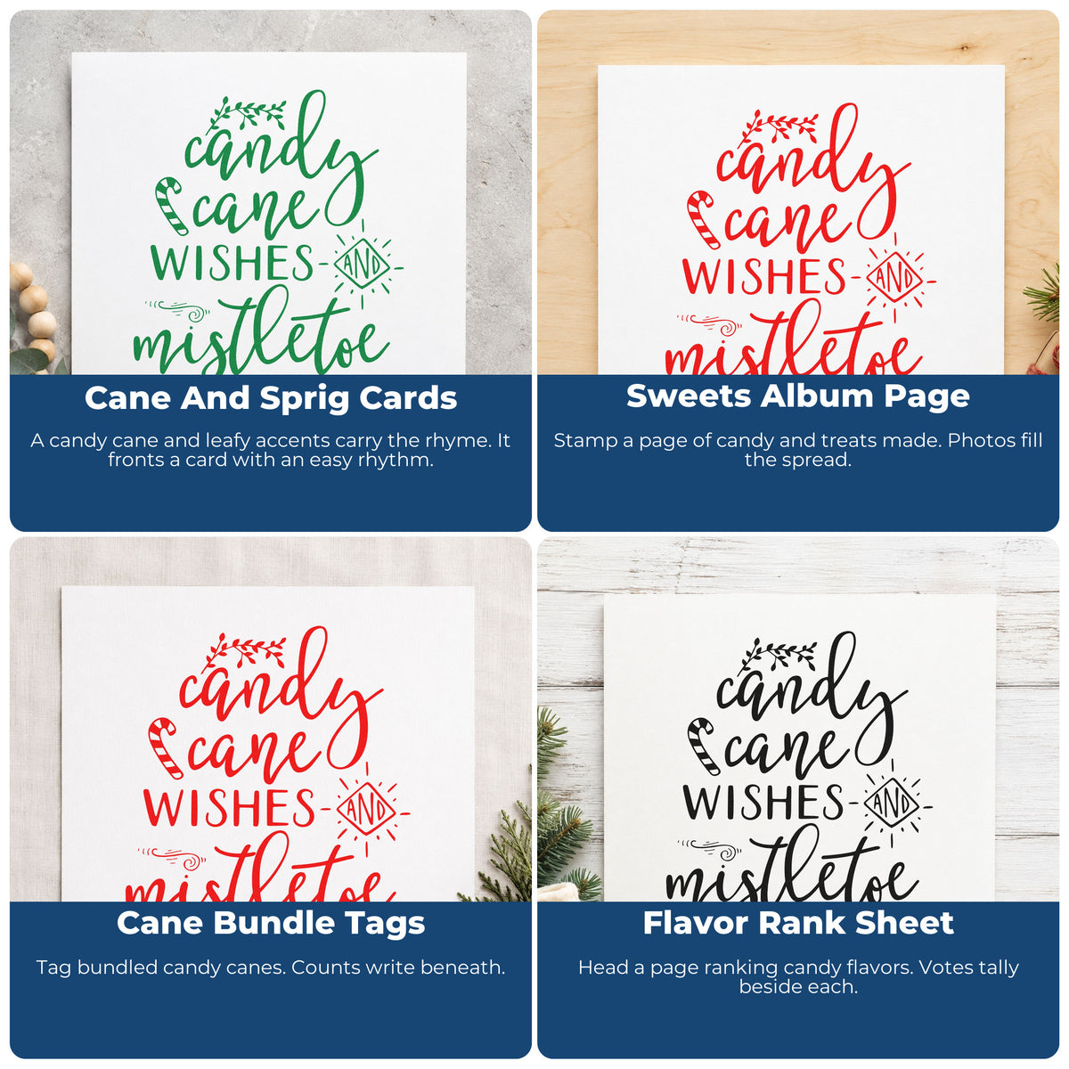 Four ways to use the Candy Cane Mistletoe Wishes Stamp - Premium Vintage Pro Wooden: cane and sprig cards, sweets album page, cane bundle tags and flavor rank sheet.