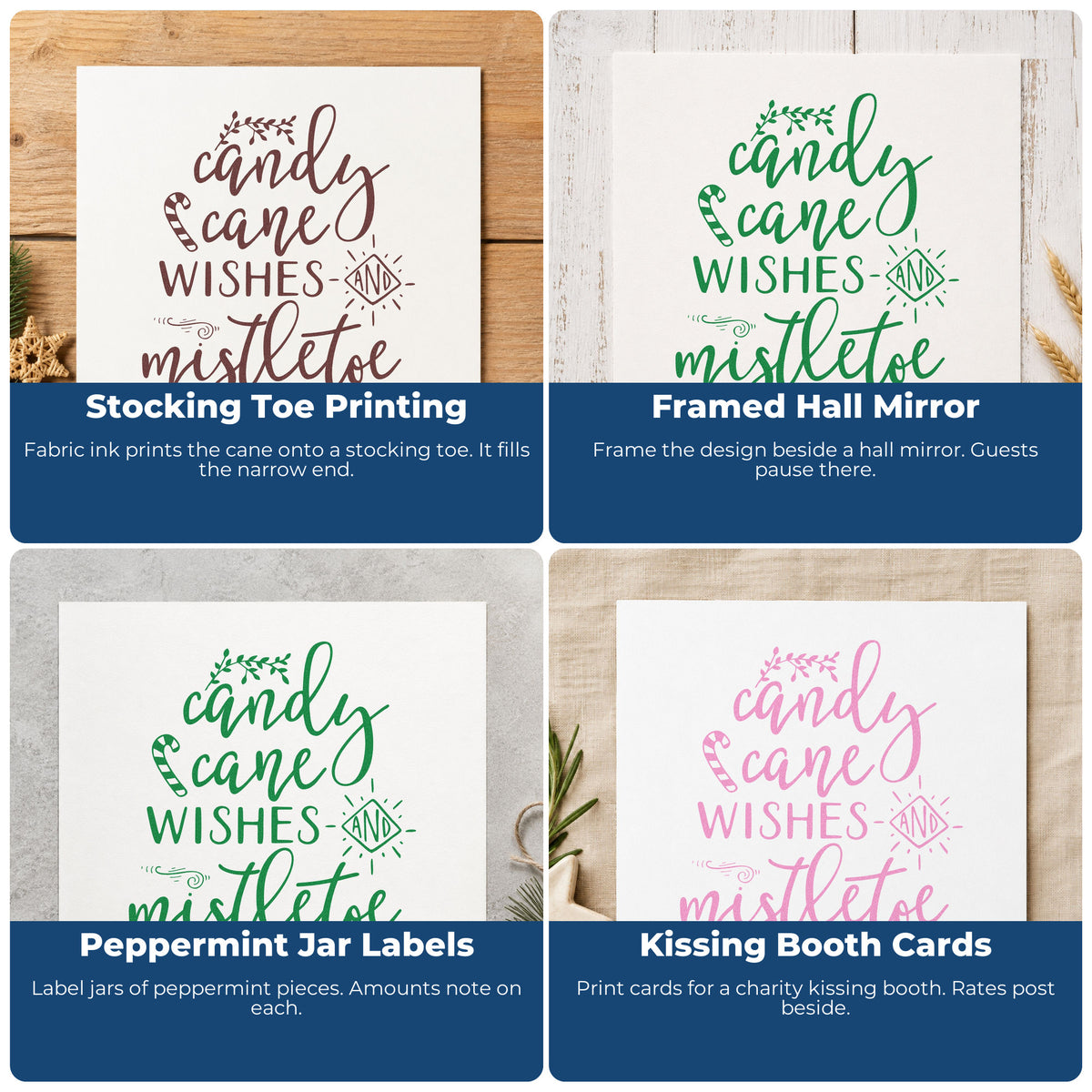 Four ways to use the Candy Cane Mistletoe Wishes Self-Inking Stamp: stocking toe printing, framed hall mirror, peppermint jar labels and kissing booth cards.