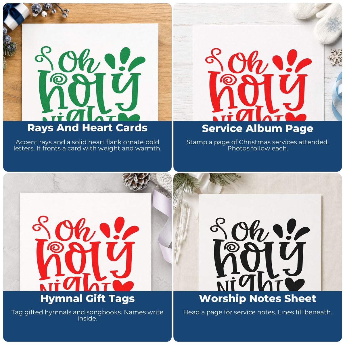 Four ways to use the Oh Holy Night Rubber Stamp – Duo Hand: rays and heart cards, service album page, hymnal gift tags and worship notes sheet.