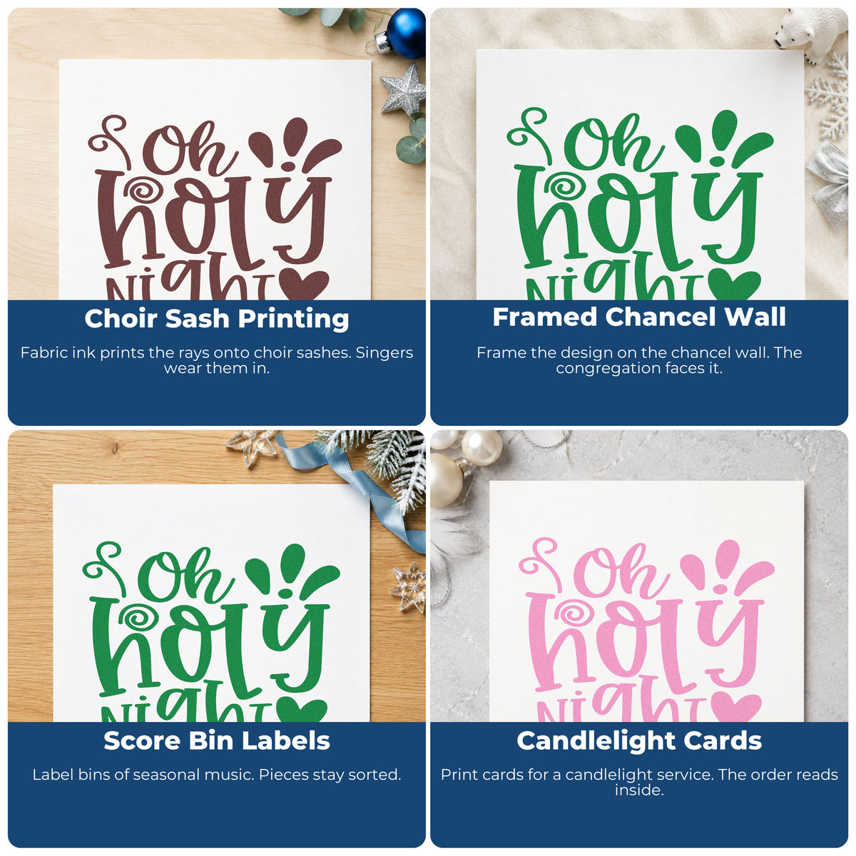 Four ways to use the Oh Holy Night Rubber Stamp – Duo Hand: choir sash printing, framed chancel wall, score bin labels and candlelight cards.