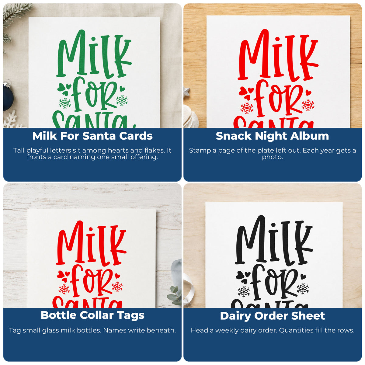Four ways to use the Milk For Santa Snowflakes Rubber Stamp – Wood Handle: milk for santa cards, snack night album, bottle collar tags and dairy order sheet.