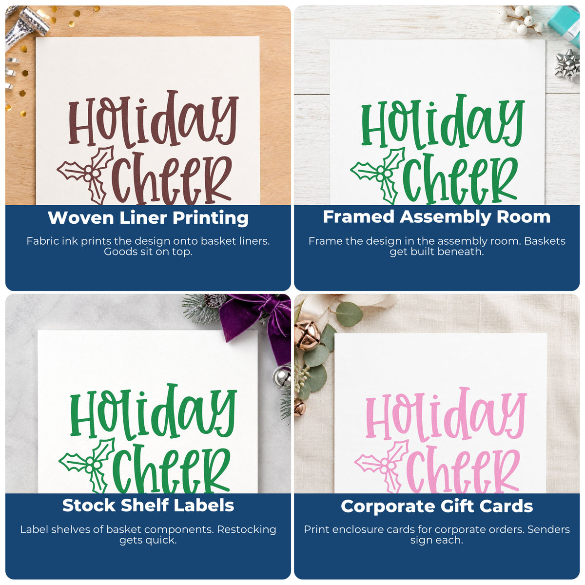 Four ways to use the Holiday Cheer Holly Rubber Stamp – Wood Handle: woven liner printing, framed assembly room, stock shelf labels and corporate gift cards.