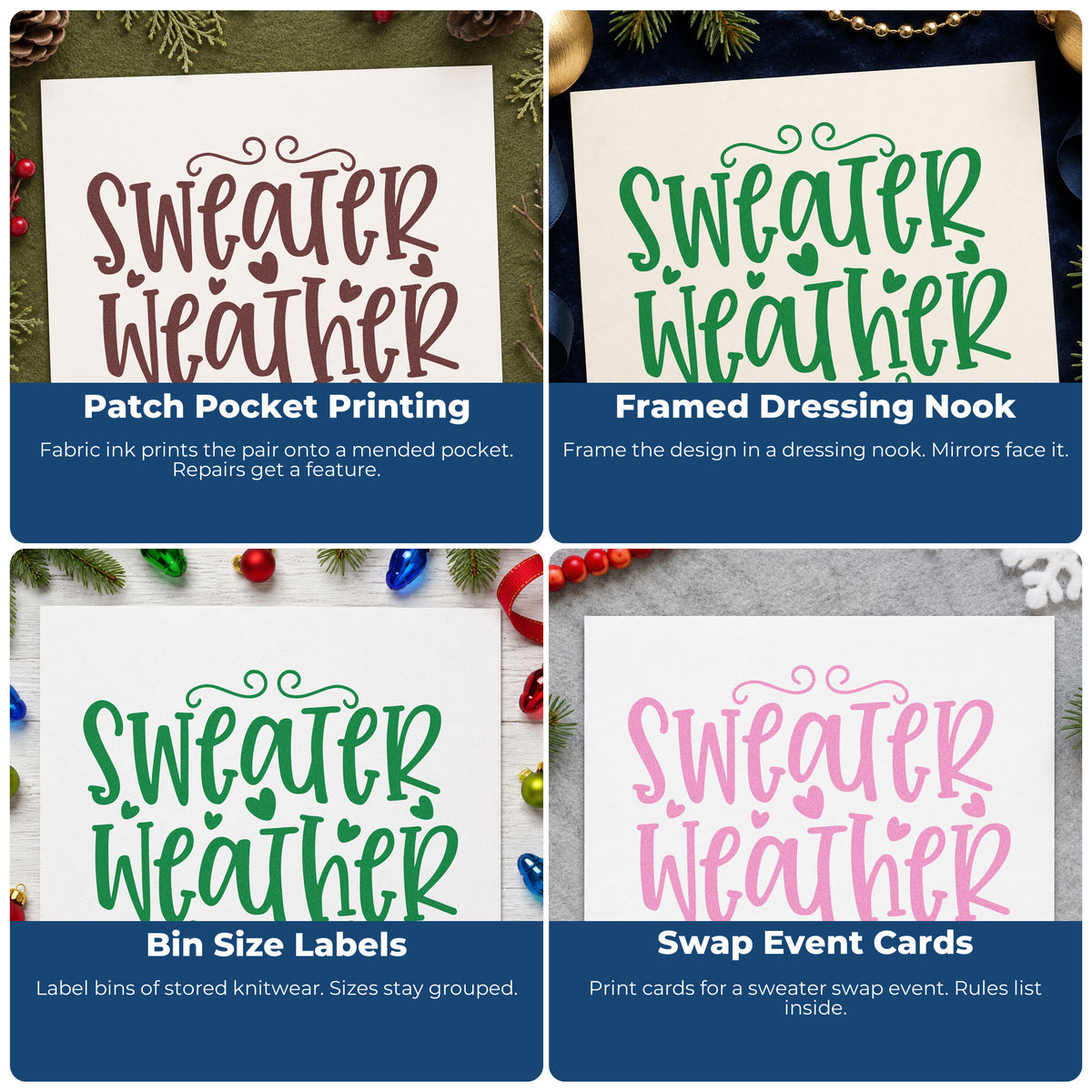 Four ways to use the Sweater Weather Hearts Stamp – Self-Inking: patch pocket printing, framed dressing nook, bin size labels and swap event cards.