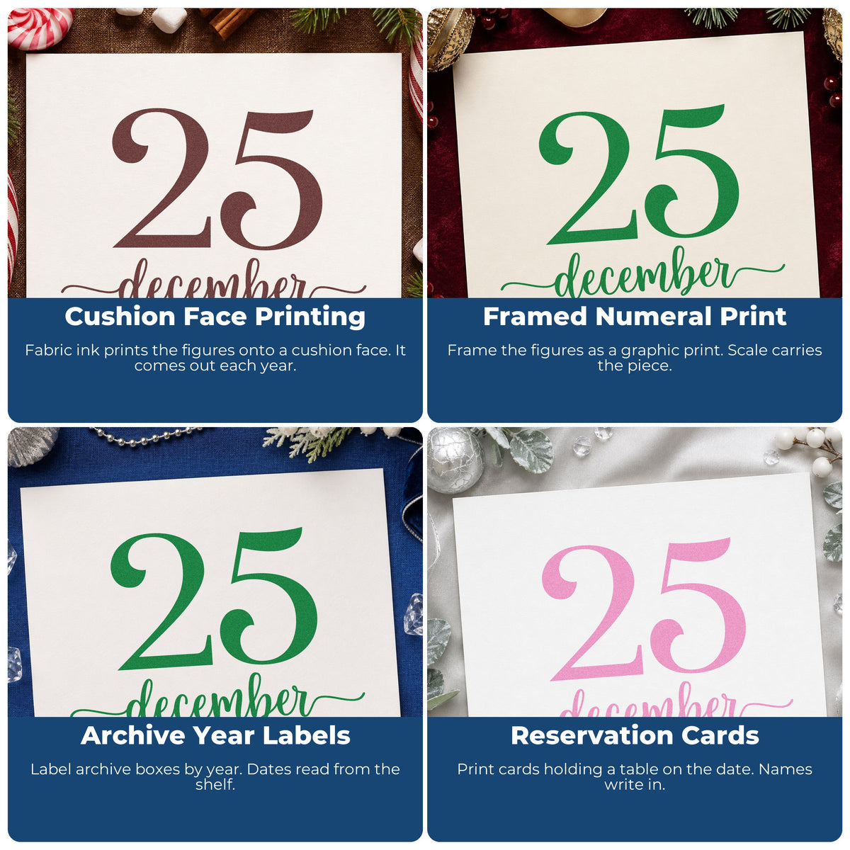 Four ways to use the December Twenty Five Serif Lettering Stamp – PSI Pre-Inked: cushion face printing, framed numeral print, archive year labels and reservation cards.