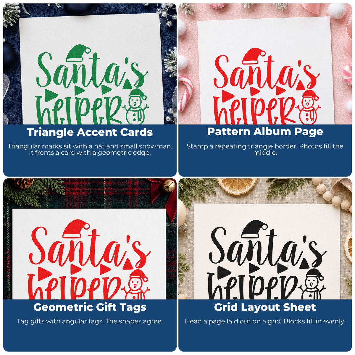 Four ways to use the Santa's Helper Snowman Hand Stamp – Duo: triangle accent cards, pattern album page, geometric gift tags and grid layout sheet.