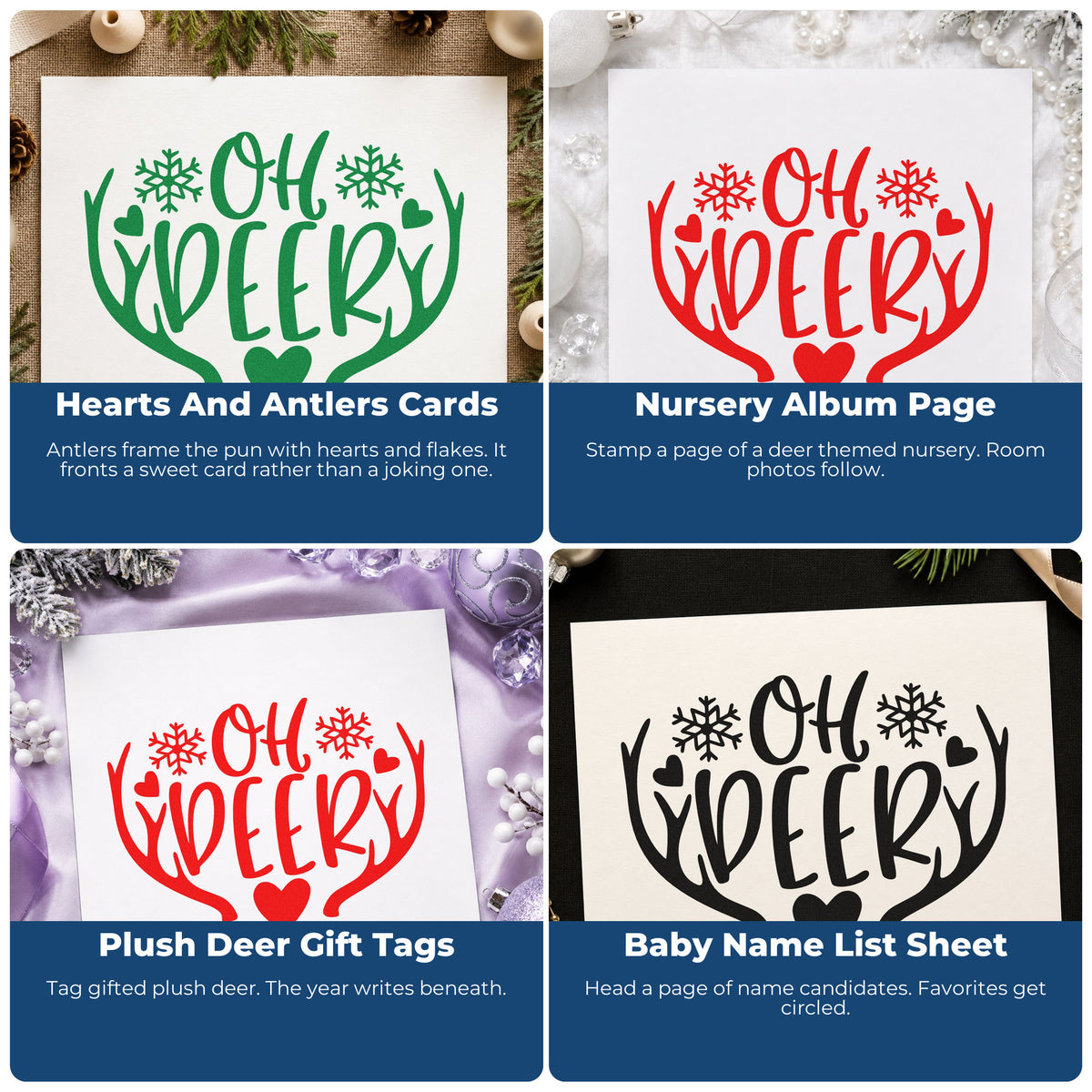 Four ways to use the Oh Deer Antlers Snowflakes With Hearts Self-Inking Stamp: hearts and antlers cards, nursery album page, plush deer gift tags and baby name list sheet.