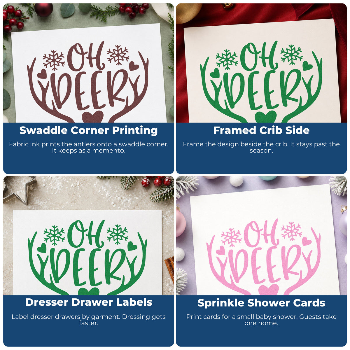 Four ways to use the Oh Deer Antlers Snowflakes With Hearts Self-Inking Stamp: swaddle corner printing, framed crib side, dresser drawer labels and sprinkle shower cards.