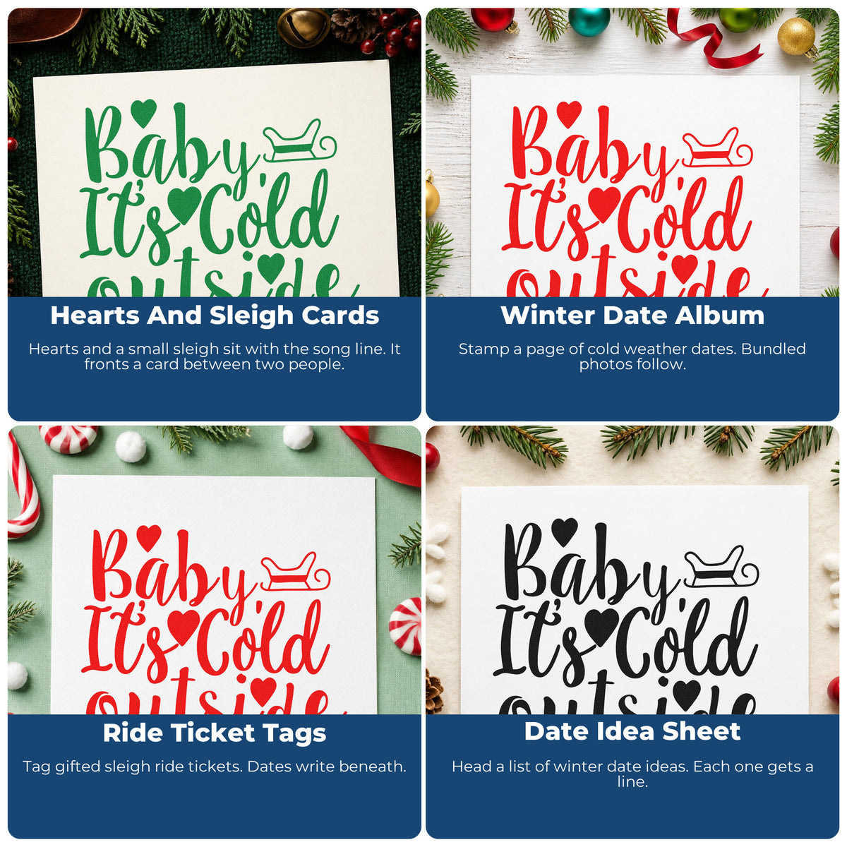Four ways to use the Pre-Inked Baby It's Cold Outside Sleigh Stamp – PSI: hearts and sleigh cards, winter date album, ride ticket tags and date idea sheet.