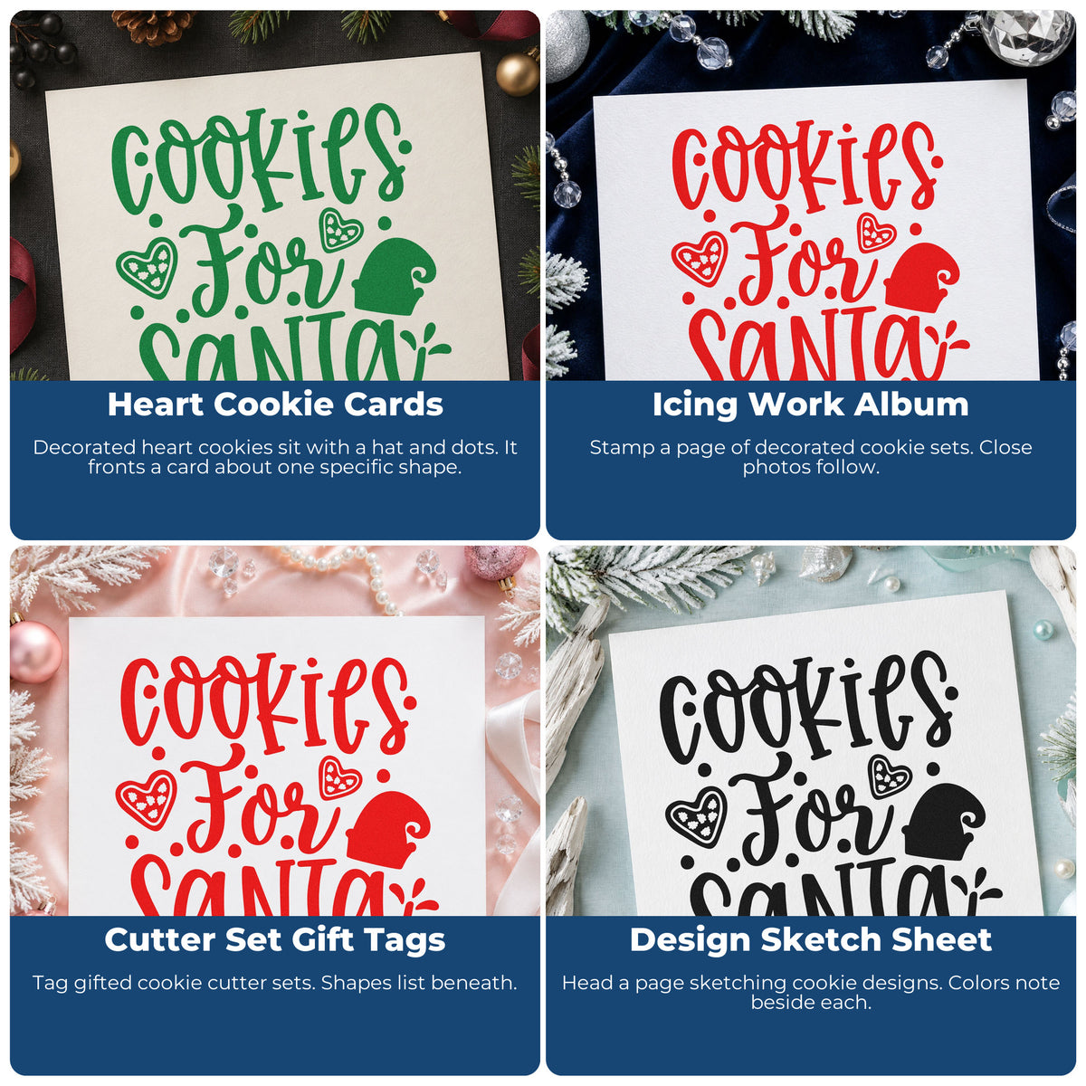 Four ways to use the Cookies For Santa Wood-Mounted Rubber Stamp: heart cookie cards, icing work album, cutter set gift tags and design sketch sheet.