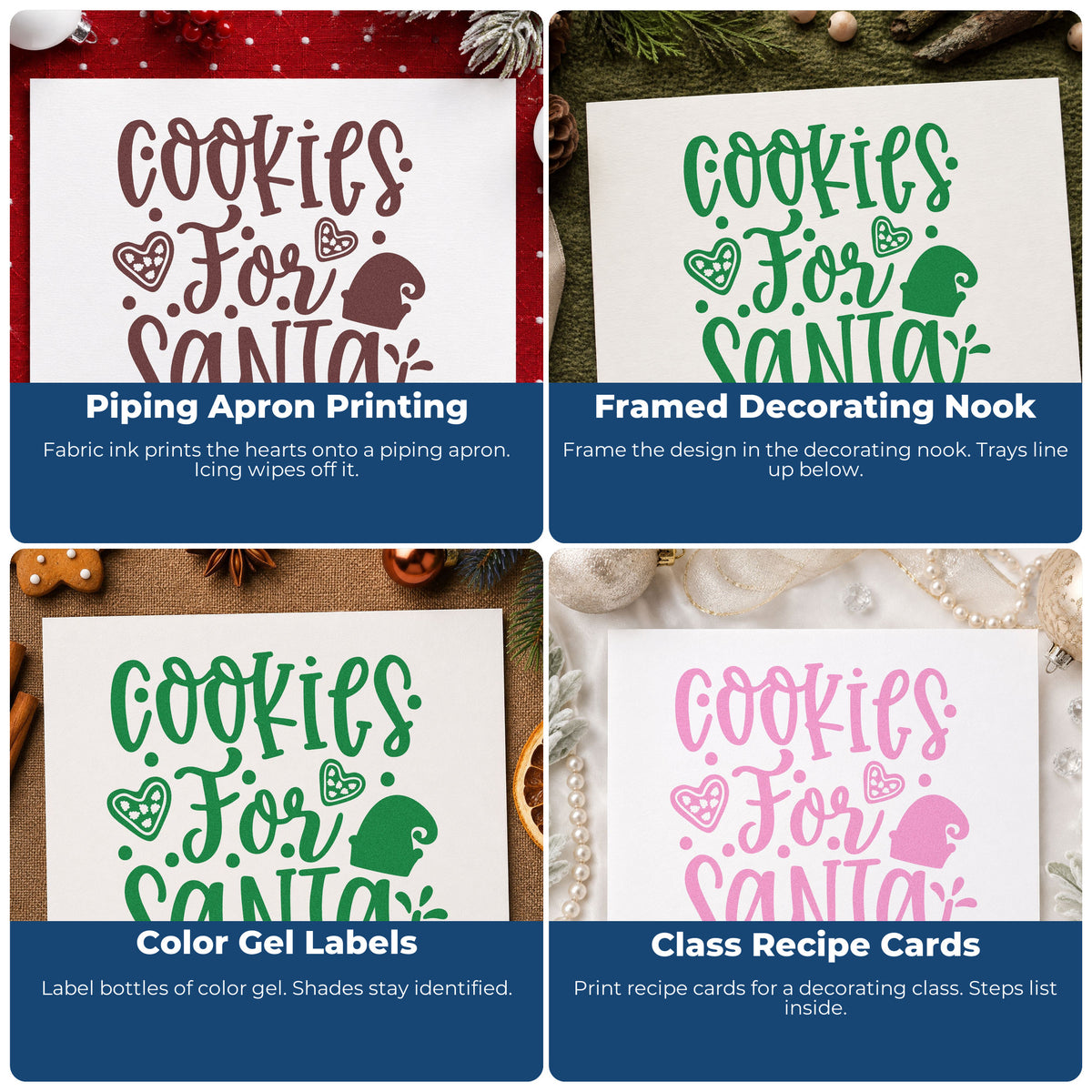 Four ways to use the Cookies For Santa Hand Stamp – Duo: piping apron printing, framed decorating nook, color gel labels and class recipe cards.