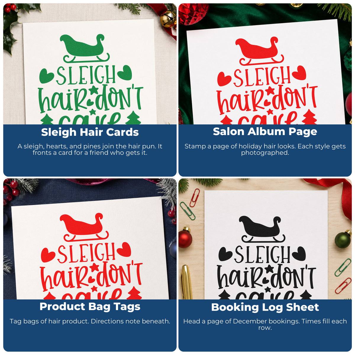 Four ways to use the Sleigh Hair Don't Care Duo Hand Stamp: sleigh hair cards, salon album page, product bag tags and booking log sheet.