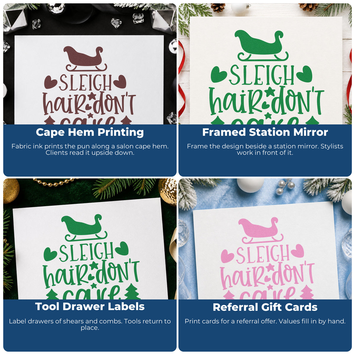 Four ways to use the Sleigh Hair Don't Care Premium Wood-Mounted Stamp - Vintage Pro: cape hem printing, framed station mirror, tool drawer labels and referral gift cards.