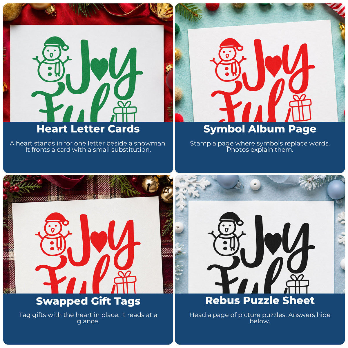 Four ways to use the Joyful Snowman And Gift With Hearts Stamp - Premium Vintage Pro Wooden: heart letter cards, symbol album page, swapped gift tags and rebus puzzle sheet.