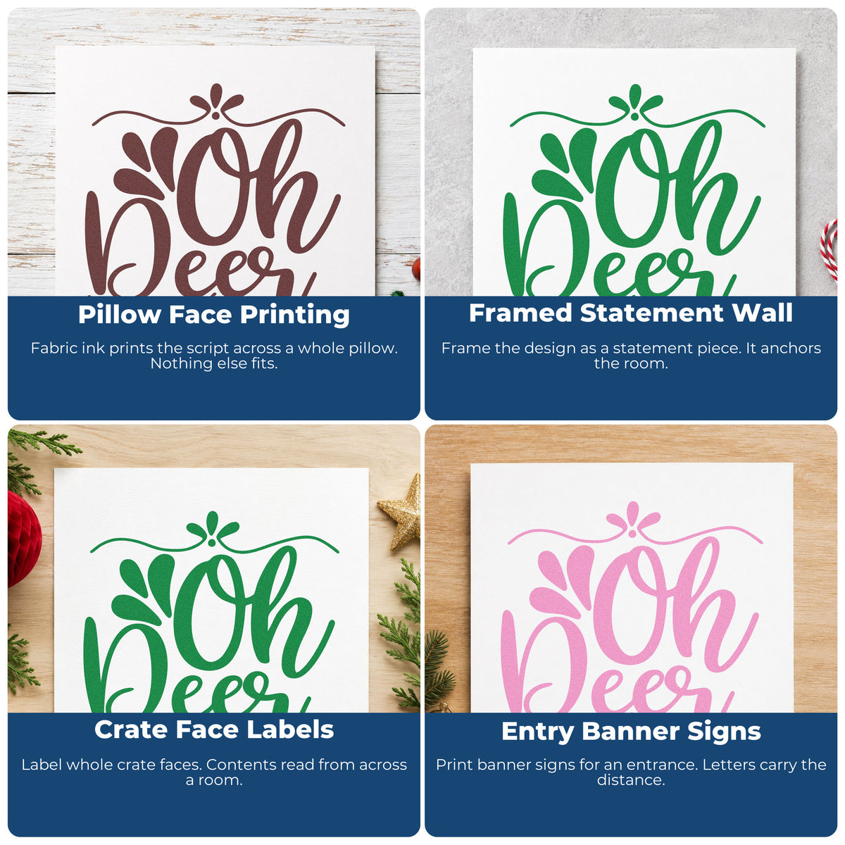 Four ways to use the Wood Handle Oh Deer Ornamental Script Rubber Stamp: pillow face printing, framed statement wall, crate face labels and entry banner signs.