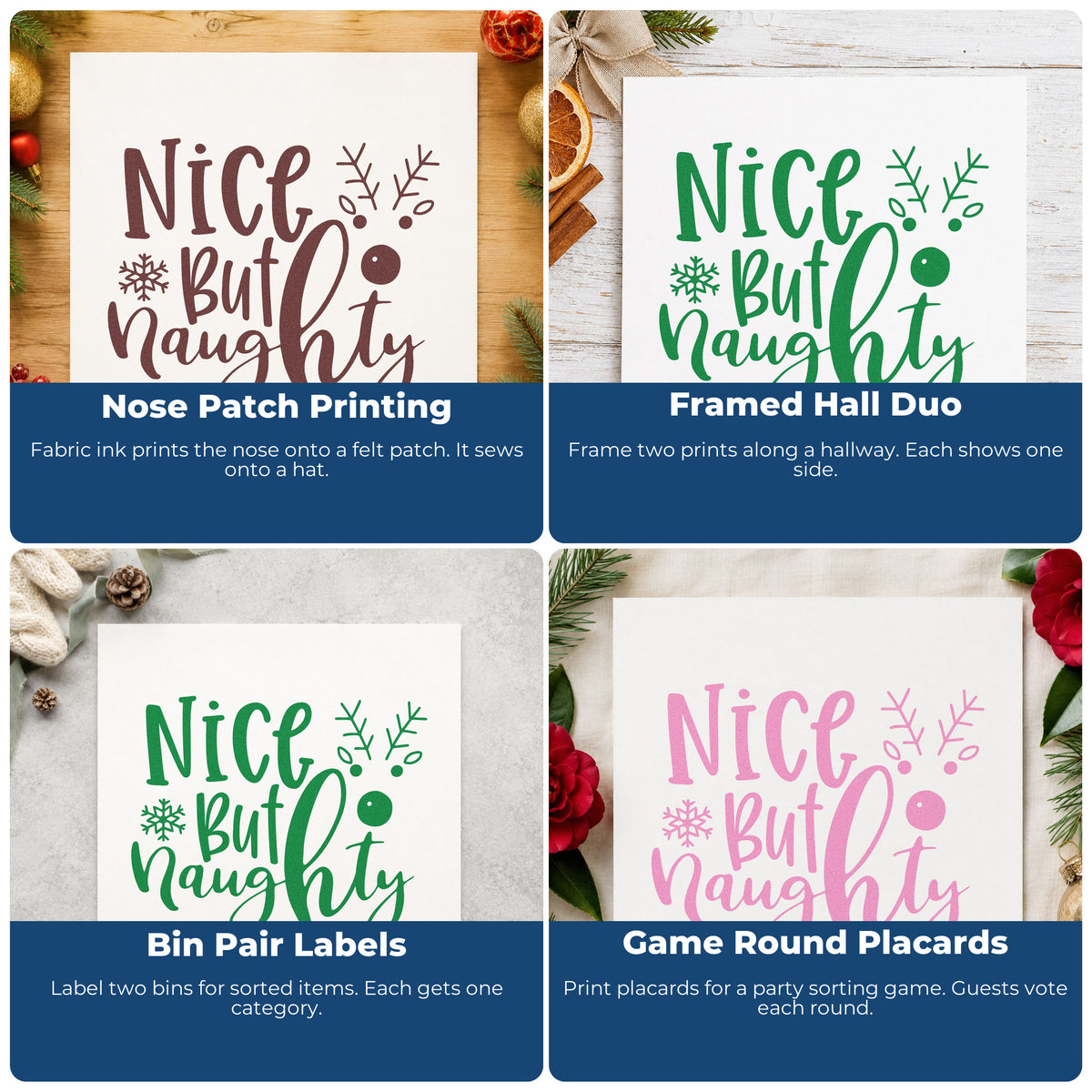 Four ways to use the Nice But Naughty Reindeer Antlers Self-Inking Stamp: nose patch printing, framed hall duo, bin pair labels and game round placards.