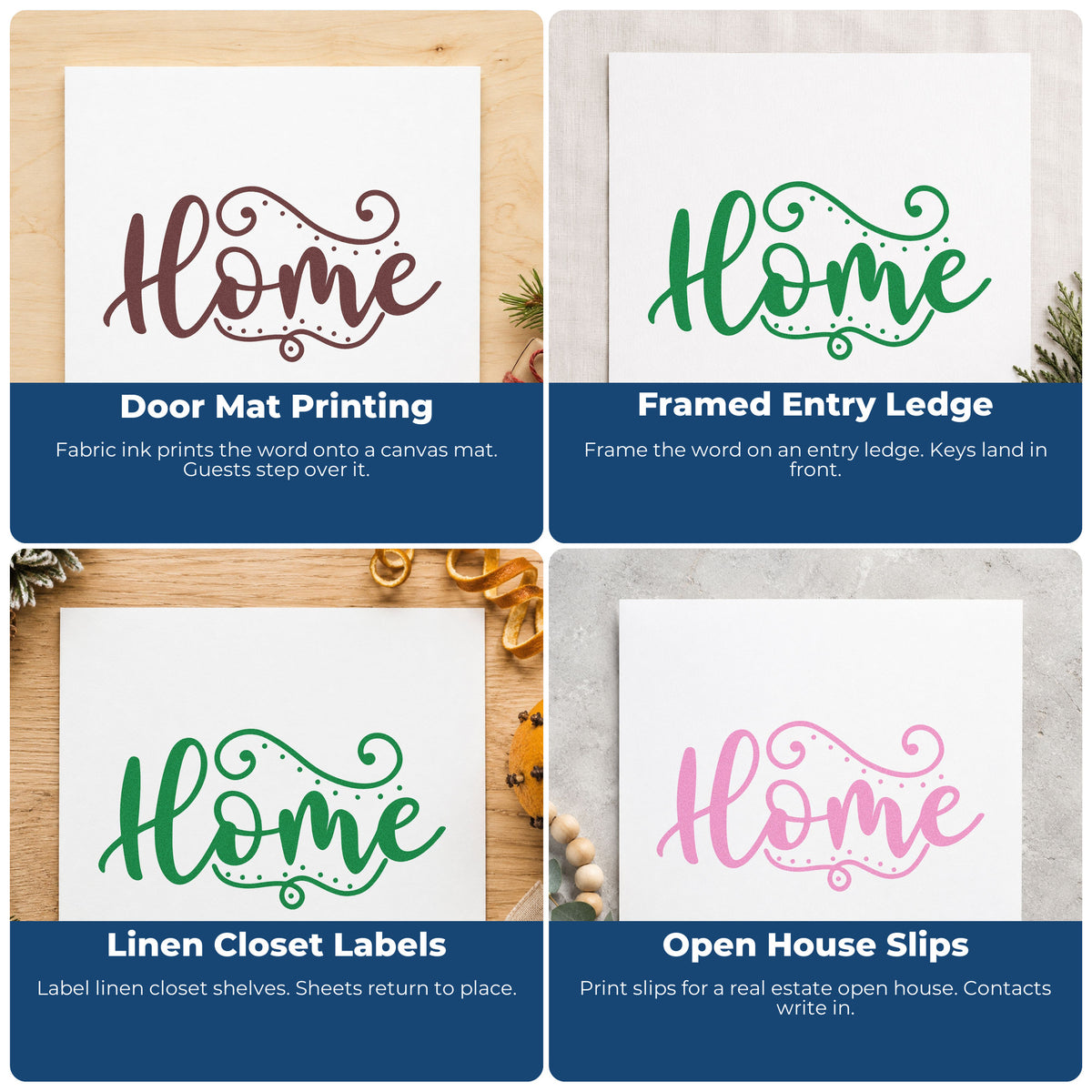 Four ways to use the Home Flourishing Script Lettering Wood Handle Stamp: door mat printing, framed entry ledge, linen closet labels and open house slips.