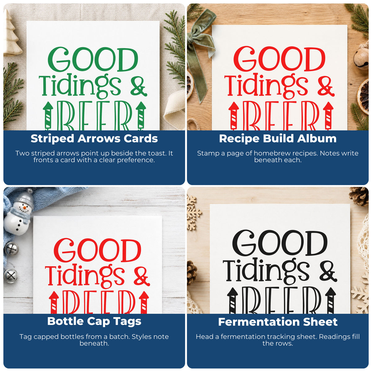 Four ways to use the Good Tidings And Beer Pre-Inked Stamp – Slim: striped arrows cards, recipe build album, bottle cap tags and fermentation sheet.