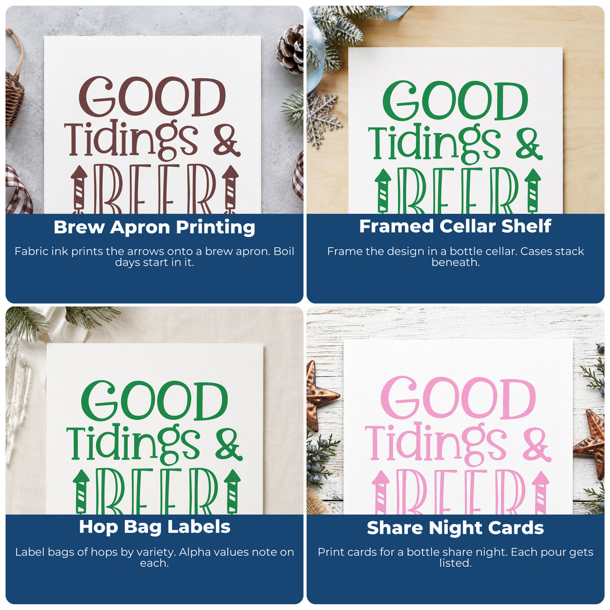 Four ways to use the Good Tidings And Beer Premium Wood-Mounted Stamp - Vintage Pro: brew apron printing, framed cellar shelf, hop bag labels and share night cards.
