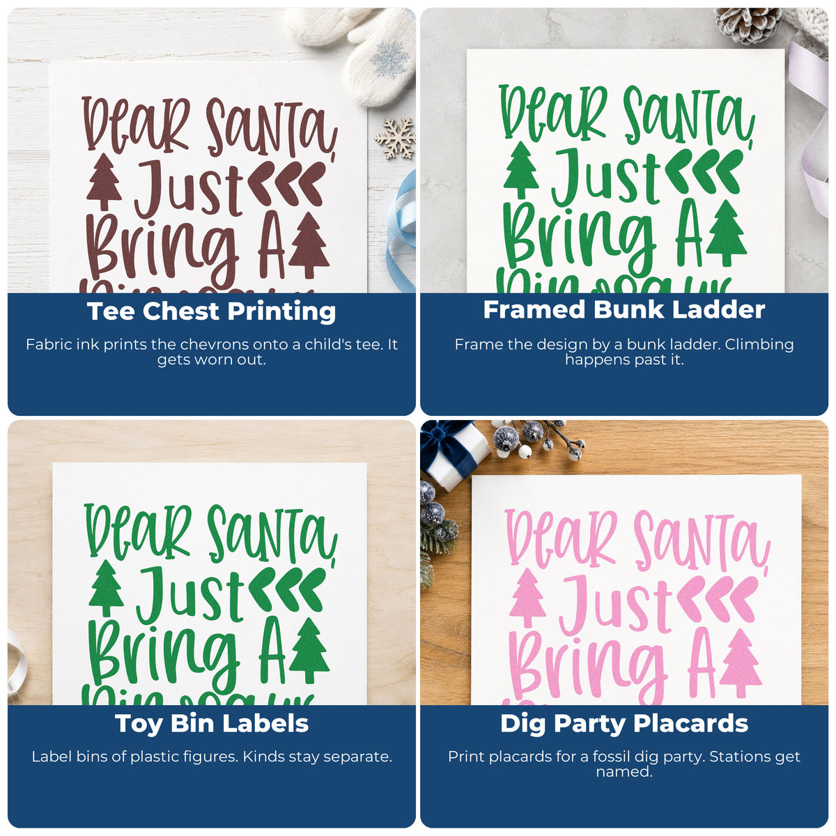 Four ways to use the Dear Santa Bring Dinosaur Compact Pre-Inked Stamp – Slim: tee chest printing, framed bunk ladder, toy bin labels and dig party placards.