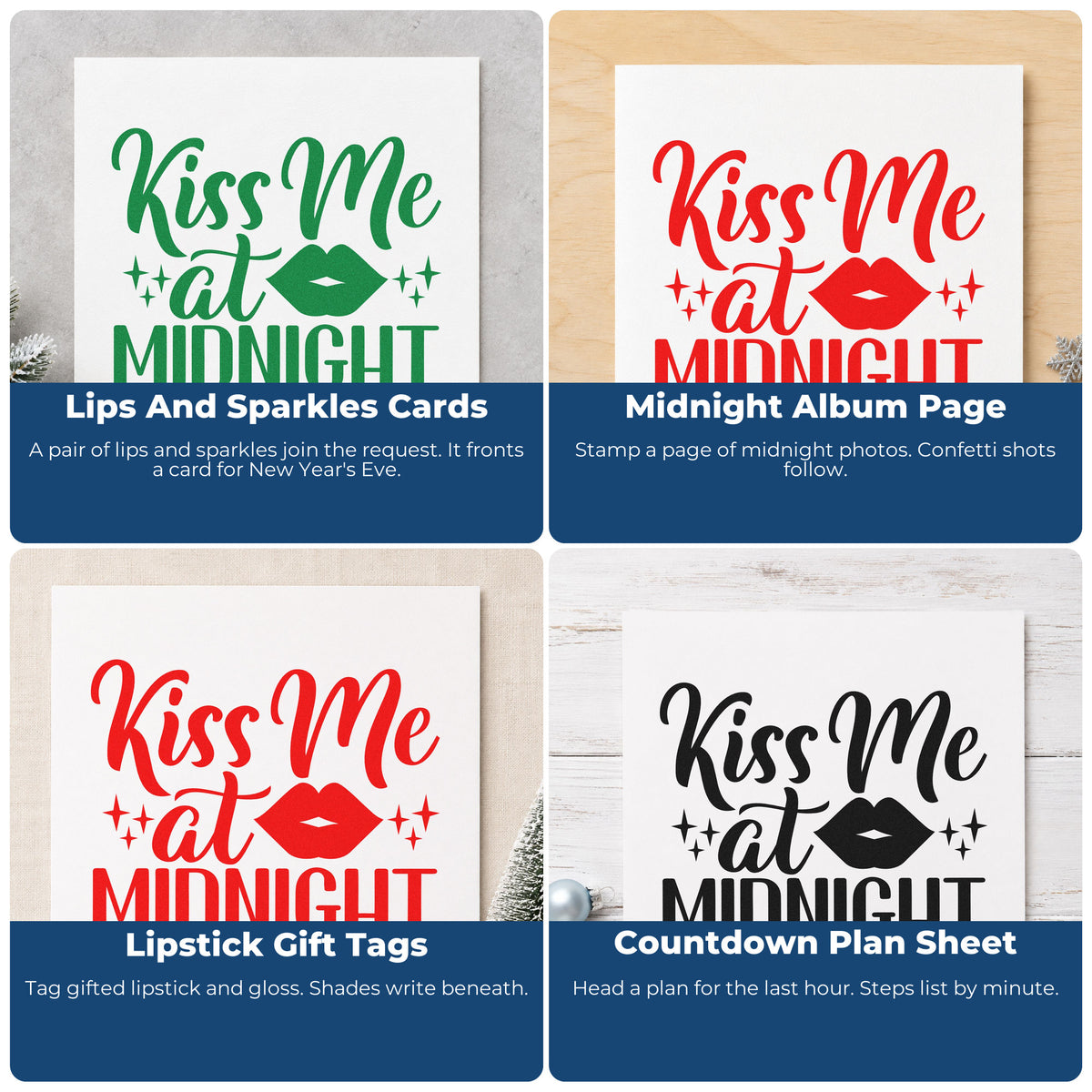 Four ways to use the Kiss Me At Midnight Rubber Stamp – Wood Handle: lips and sparkles cards, midnight album page, lipstick gift tags and countdown plan sheet.