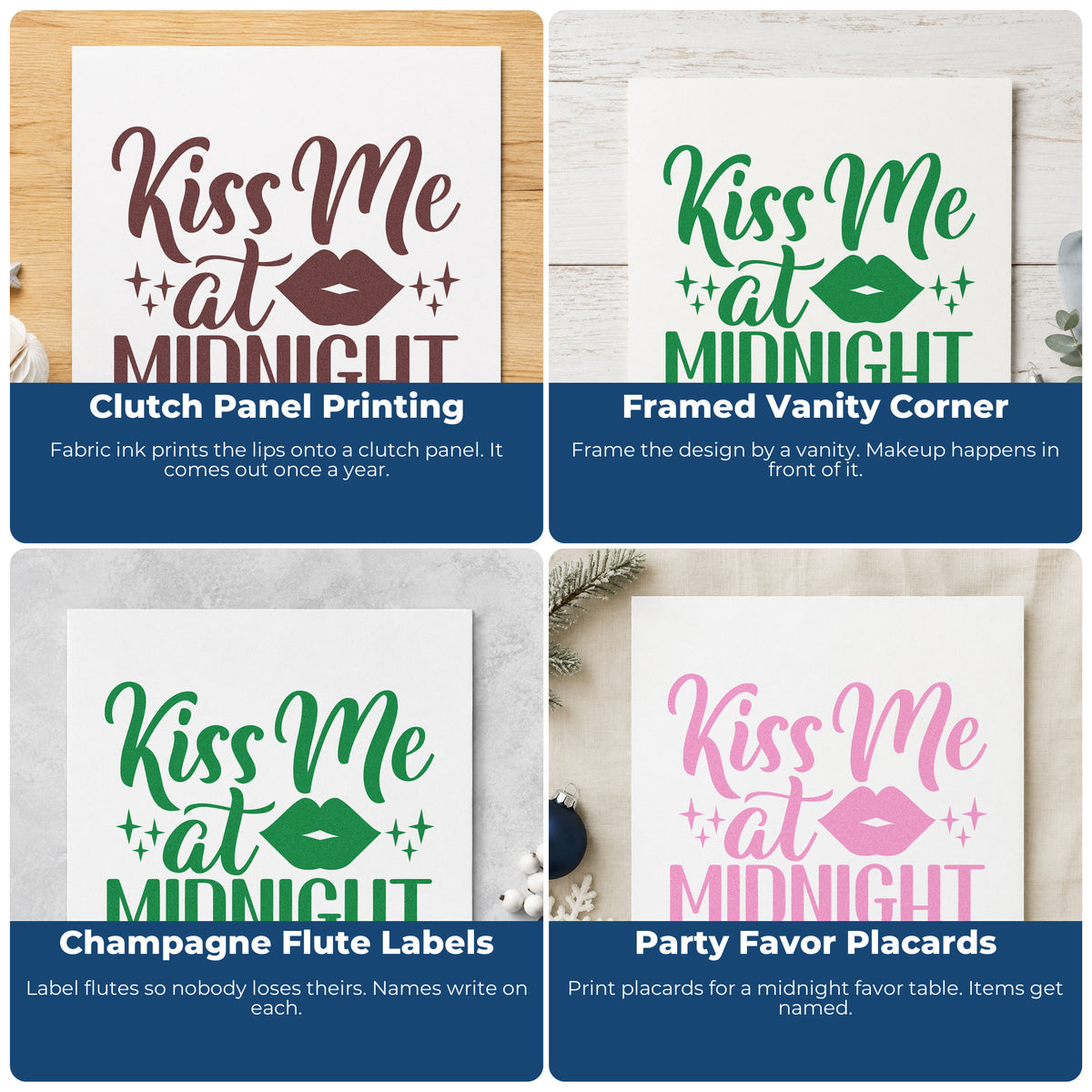 Four ways to use the Kiss Me At Midnight Rubber Stamp – Wood Handle: clutch panel printing, framed vanity corner, champagne flute labels and party favor placards.