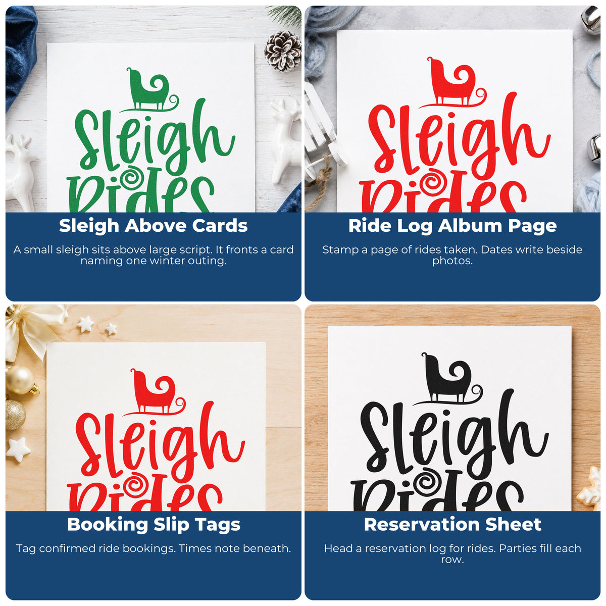 Four ways to use the Slim Pre-Inked Sleigh Rides Silhouette Script Lettering Stamp: sleigh above cards, ride log album page, booking slip tags and reservation sheet.