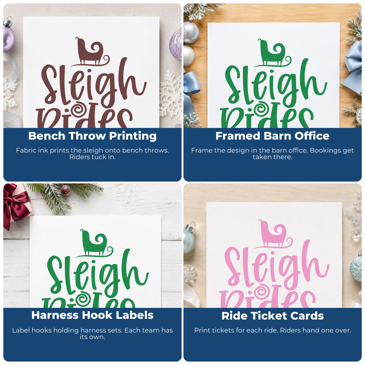 Four ways to use the Sleigh Rides Silhouette Script Lettering Wood Handle Stamp: bench throw printing, framed barn office, harness hook labels and ride ticket cards.