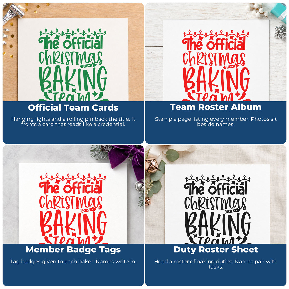 Four ways to use the The Official Christmas Baking Team Premium Wood-Mounted Stamp - Vintage Pro: official team cards, team roster album, member badge tags and duty roster sheet.