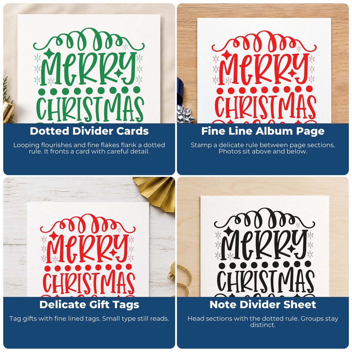 Four ways to use the Merry Christmas Loop Borders Snowflakes Slim Pre-Inked Stamp: dotted divider cards, fine line album page, delicate gift tags and note divider sheet.